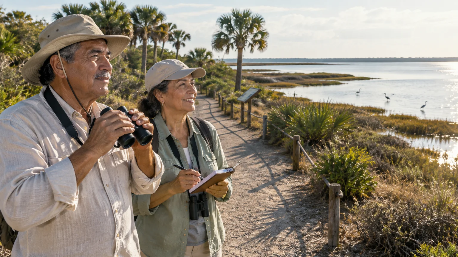 An older couple wearing hats stands on a coastal dirt trail holding binoculars and a notepad overlooking water.