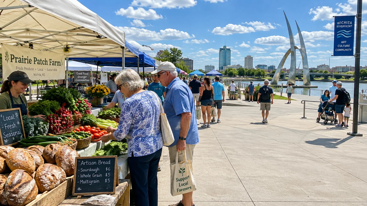 People shop at outdoor farmers market stalls along a sunny riverfront promenade with a modern sculpture in the background.
