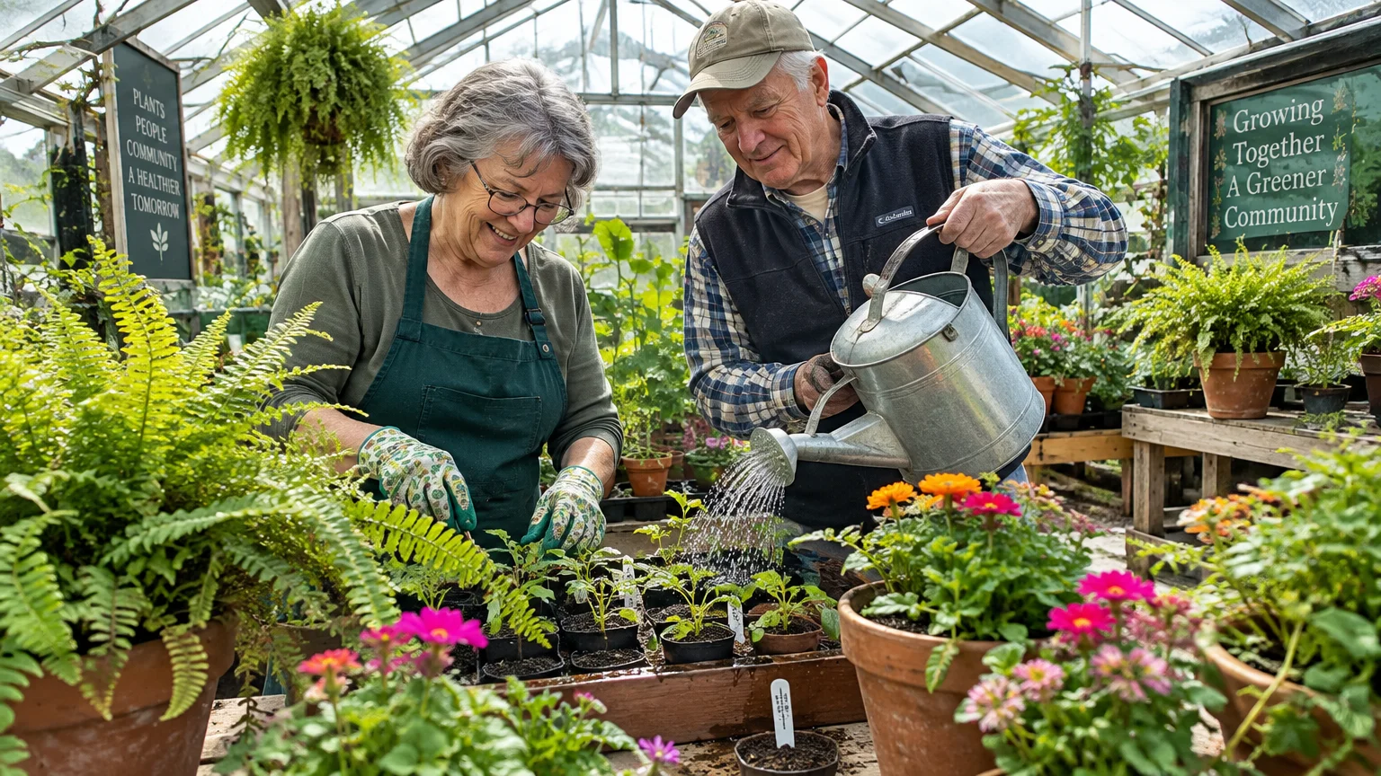 Older man and woman smiling while watering potted seedlings inside a bright greenhouse.