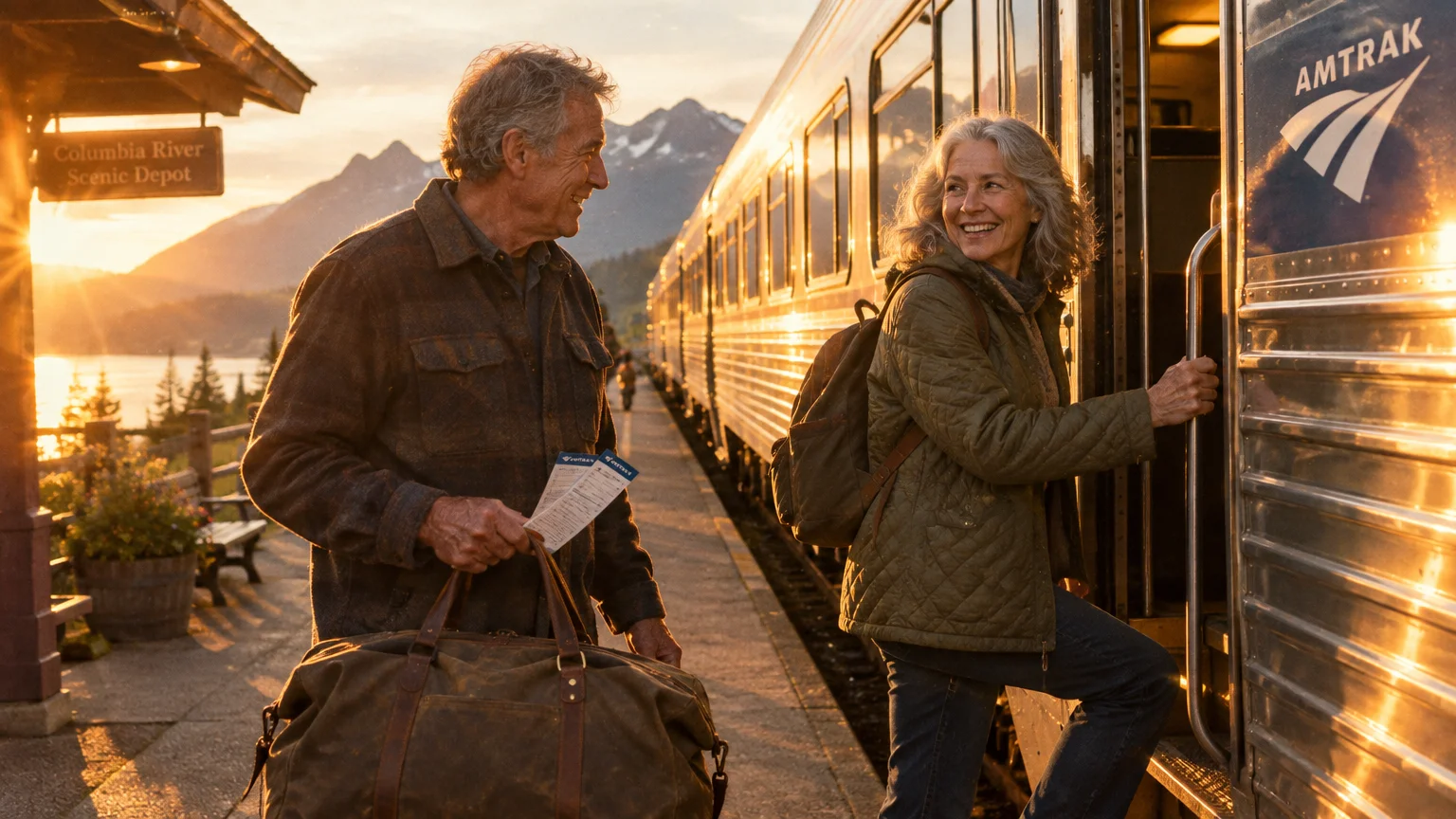 A smiling senior couple with travel bags and train tickets boards an Amtrak passenger train at sunset.