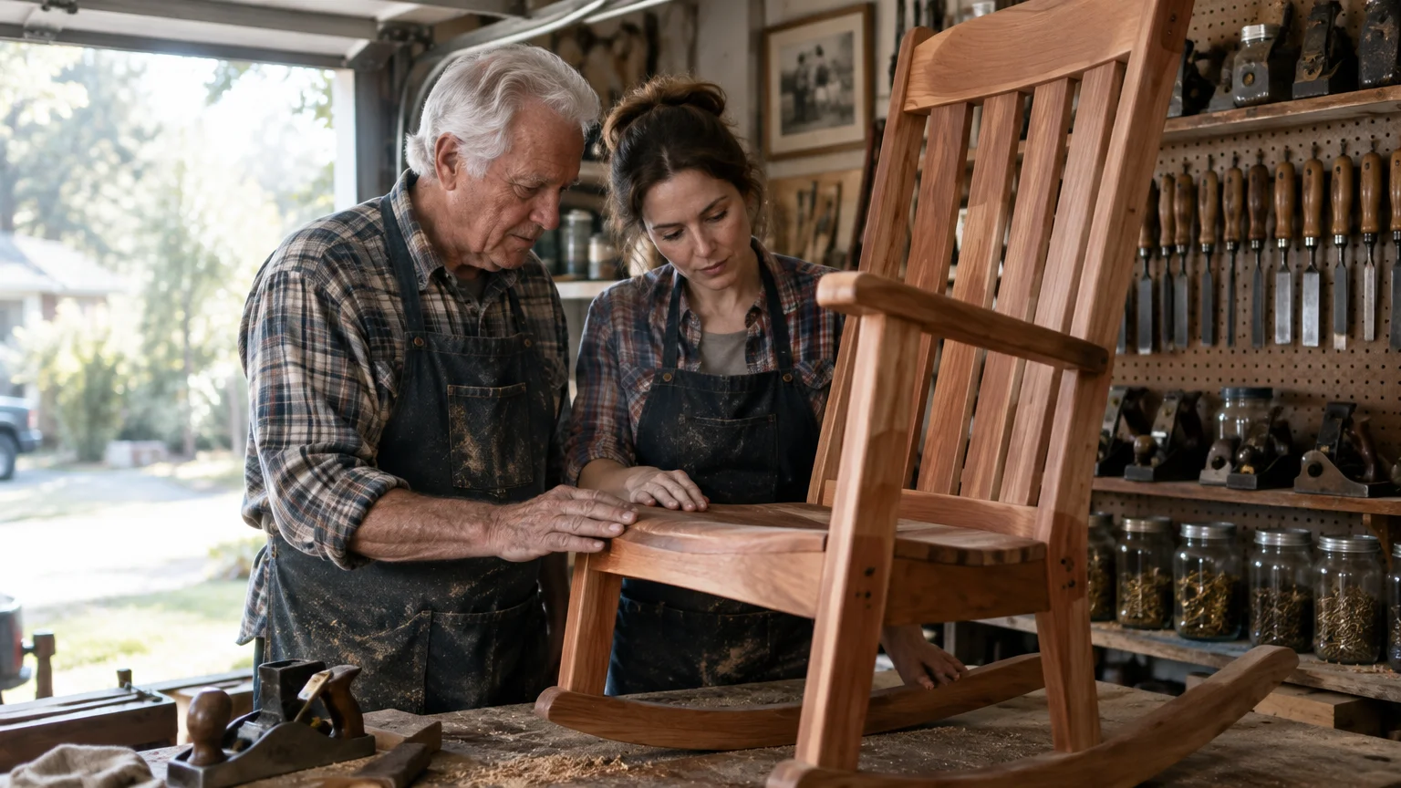 An older man and a younger woman in aprons inspect a wooden rocking chair in a woodworking workshop.