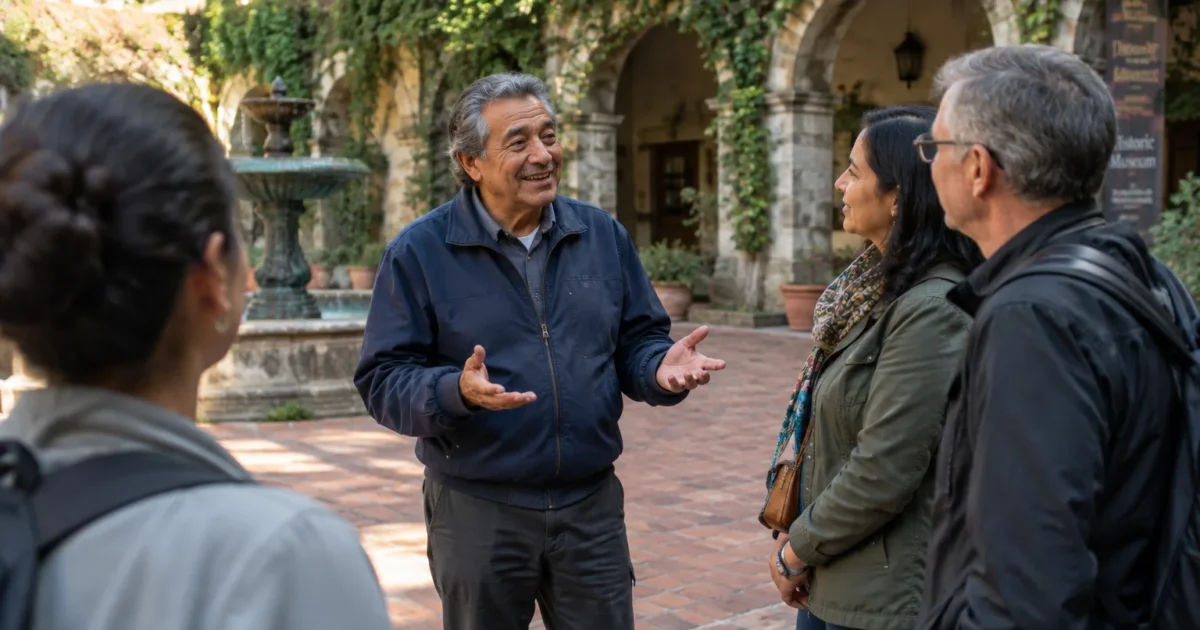 An older man speaks and gestures with open hands to a group of visitors in a historic stone courtyard with a fountain.