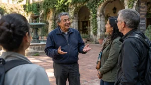 An older man speaks and gestures with open hands to a group of visitors in a historic stone courtyard with a fountain.