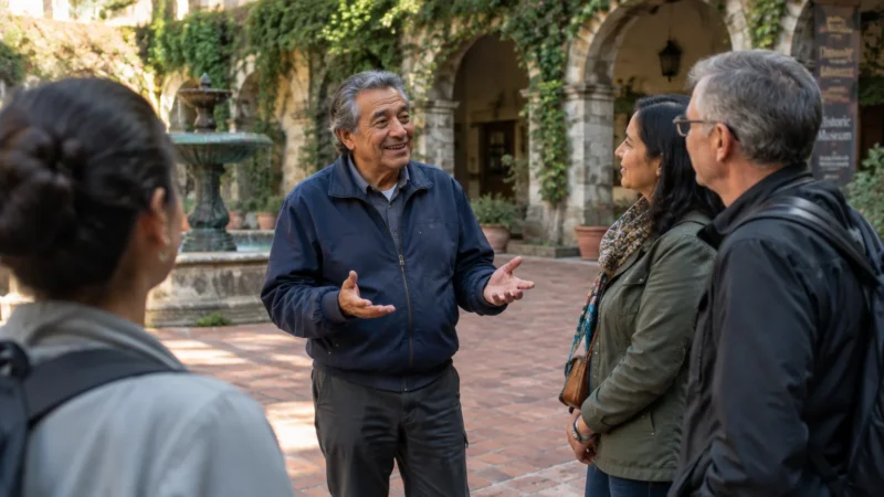 An older man speaks and gestures with open hands to a group of visitors in a historic stone courtyard with a fountain.