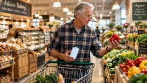 Older man holding a phone with a grocery list inspects a red bell pepper beside his shopping cart in a grocery store.