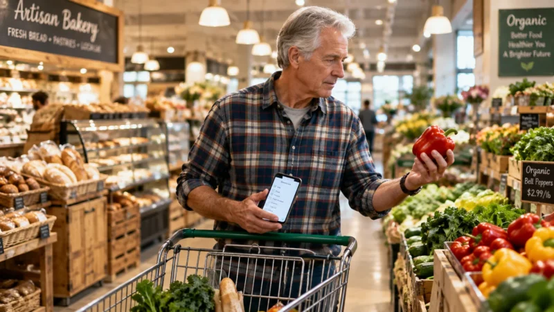 Older man holding a phone with a grocery list inspects a red bell pepper beside his shopping cart in a grocery store.