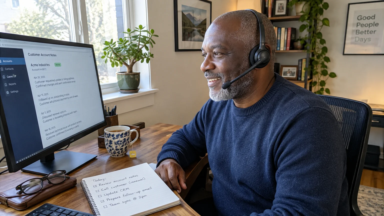 An older Black man wearing a headset smiles while looking at a computer screen at a sunlit home office desk.
