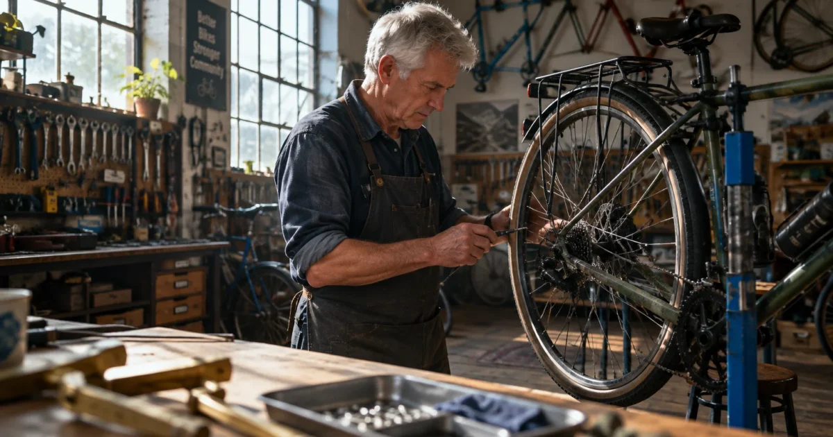 Senior man in an apron repairing a bicycle wheel mounted on a stand inside a sunlit workshop.