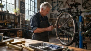 Senior man in an apron repairing a bicycle wheel mounted on a stand inside a sunlit workshop.