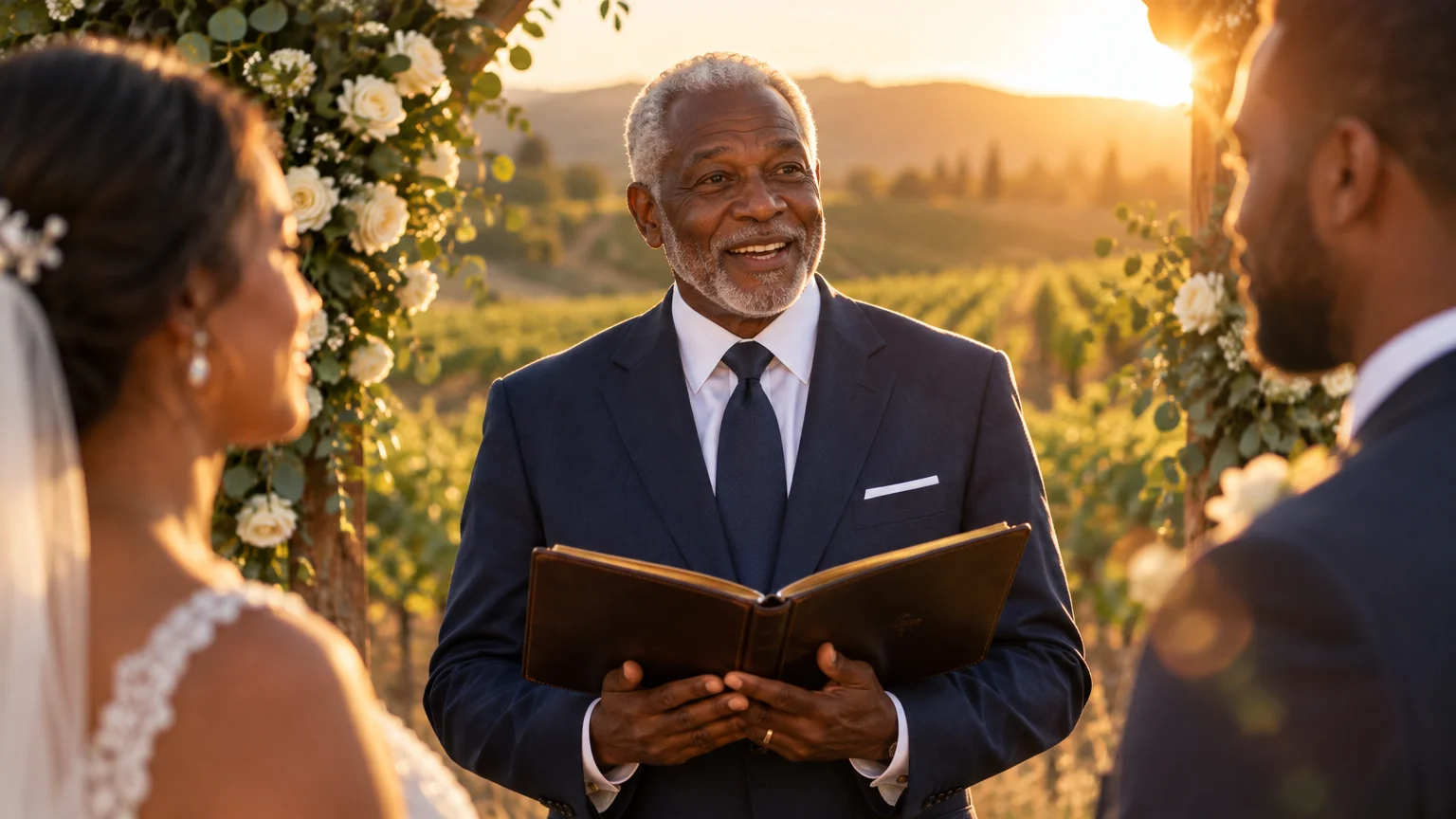 A smiling, senior Black wedding officiant in a suit holds an open book while facing a bride and groom outdoors at sunset.