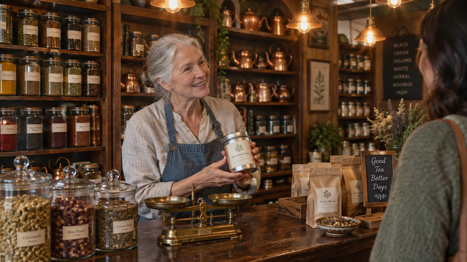 A smiling older woman in an apron holds a tea canister while assisting a customer at a rustic apothecary counter.