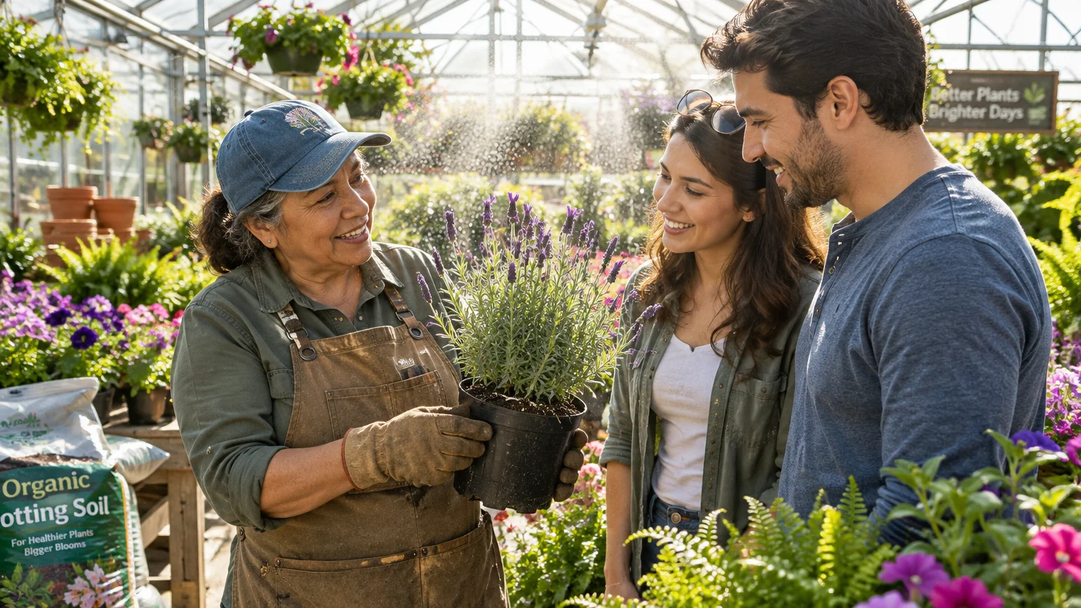 A smiling greenhouse worker in an apron holds a potted lavender plant to show a smiling young couple.