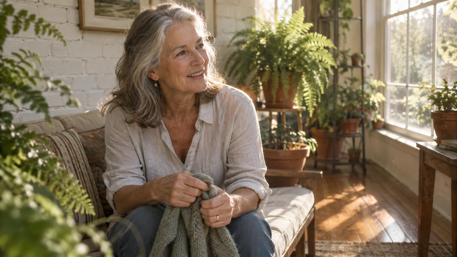 A smiling woman with gray hair sits on a couch holding knitting yarn in a sunlit room filled with potted plants.