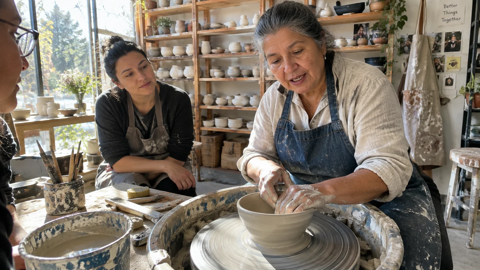 A woman shapes clay on a pottery wheel while two other women watch in a sunlit ceramics studio with shelves of pottery.