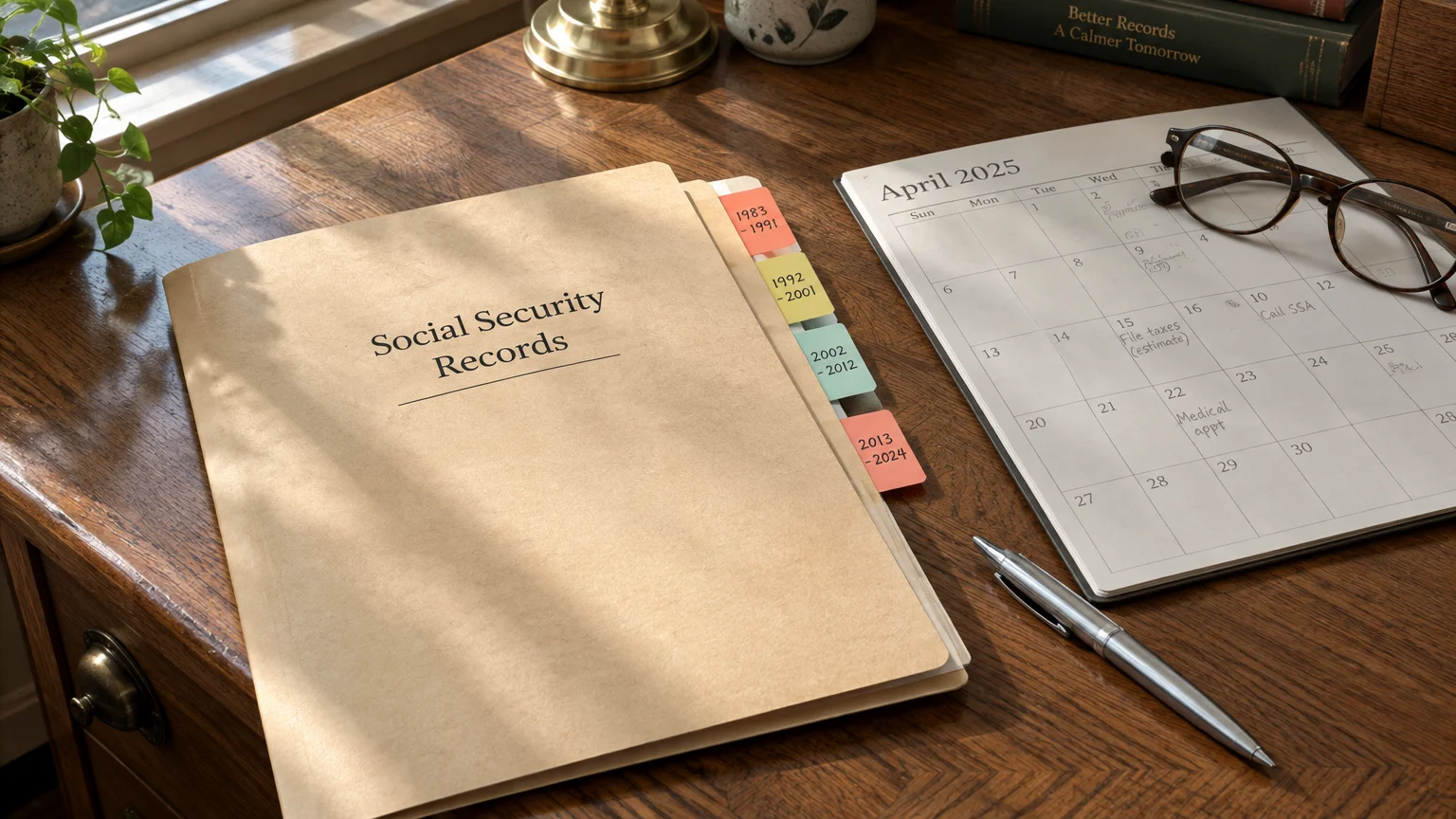 A Social Security Records folder with color-coded tabs beside an April 2025 calendar, pen, and eyeglasses on a desk.