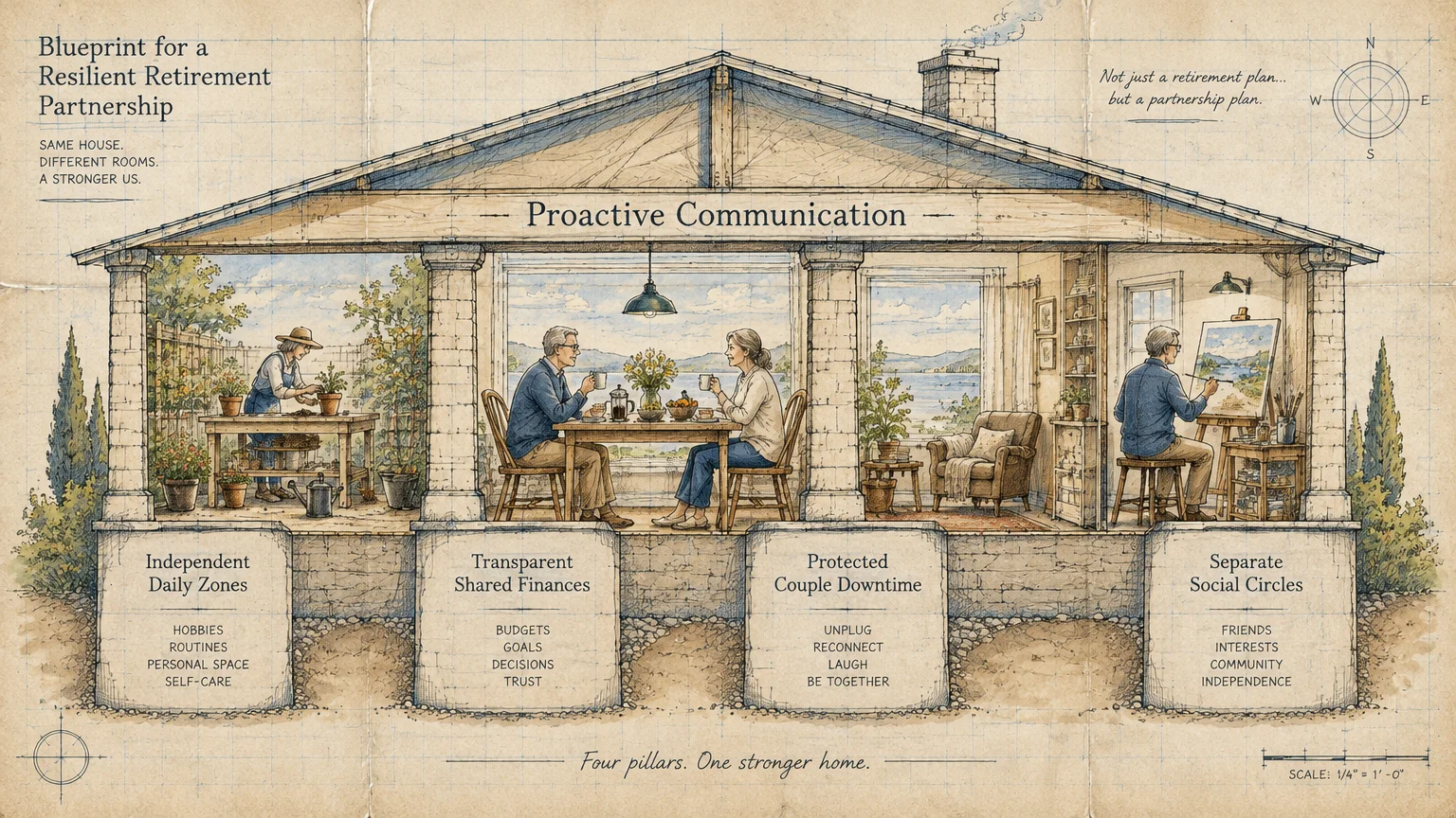 Architectural cross-section illustration of a house showing a retired couple dining together and pursuing separate hobbies.