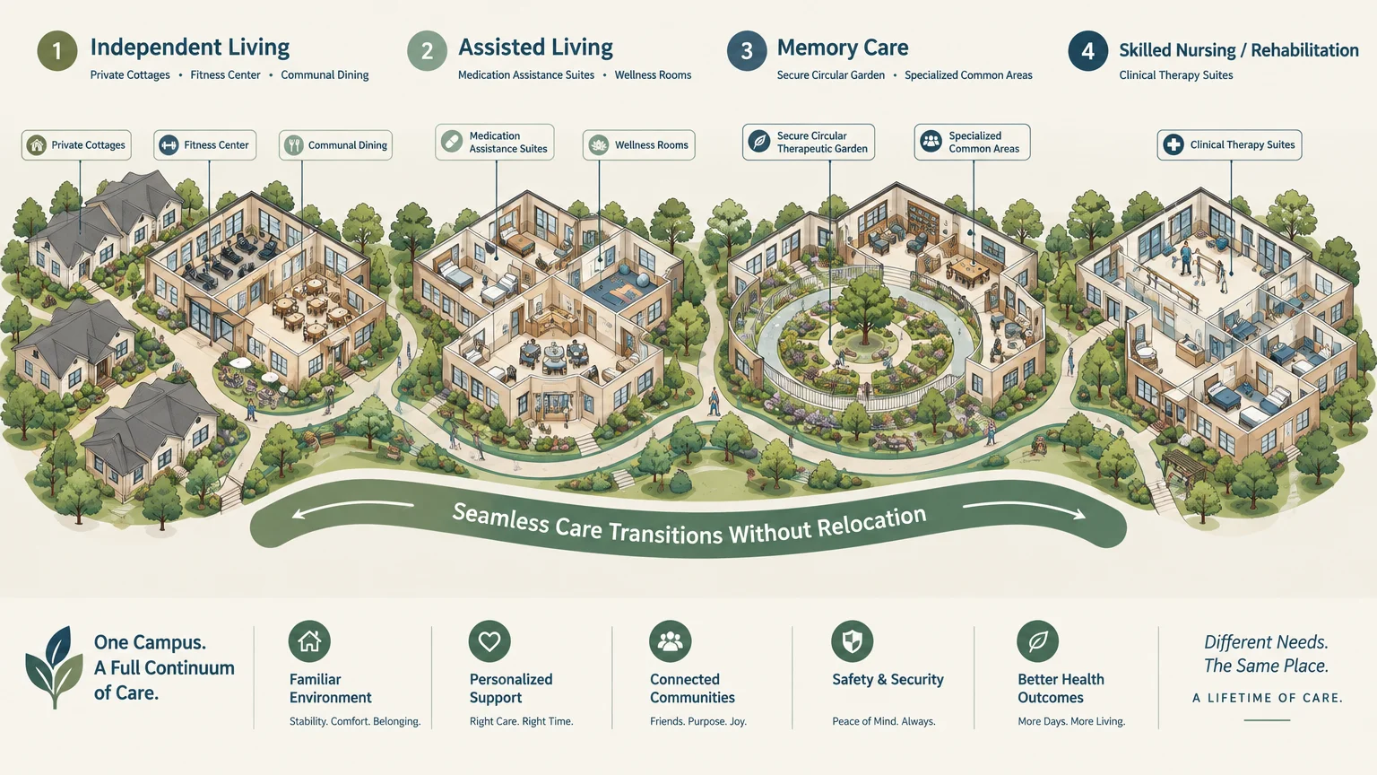 Diagram showing four connected retirement community facilities from independent living to skilled nursing on one campus.