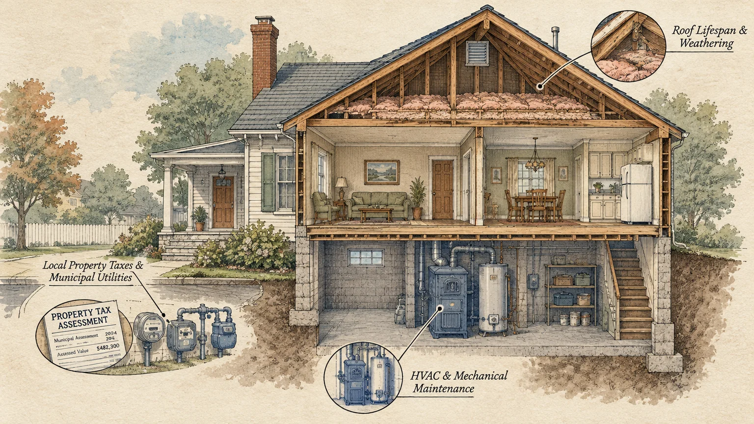 Cross-section illustration of a house showing the attic, living areas, and basement with callouts for maintenance costs.