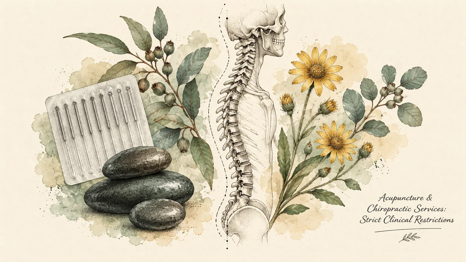 Illustration of acupuncture needles, smooth massage stones, a human spine skeleton, and botanical flowers with text.