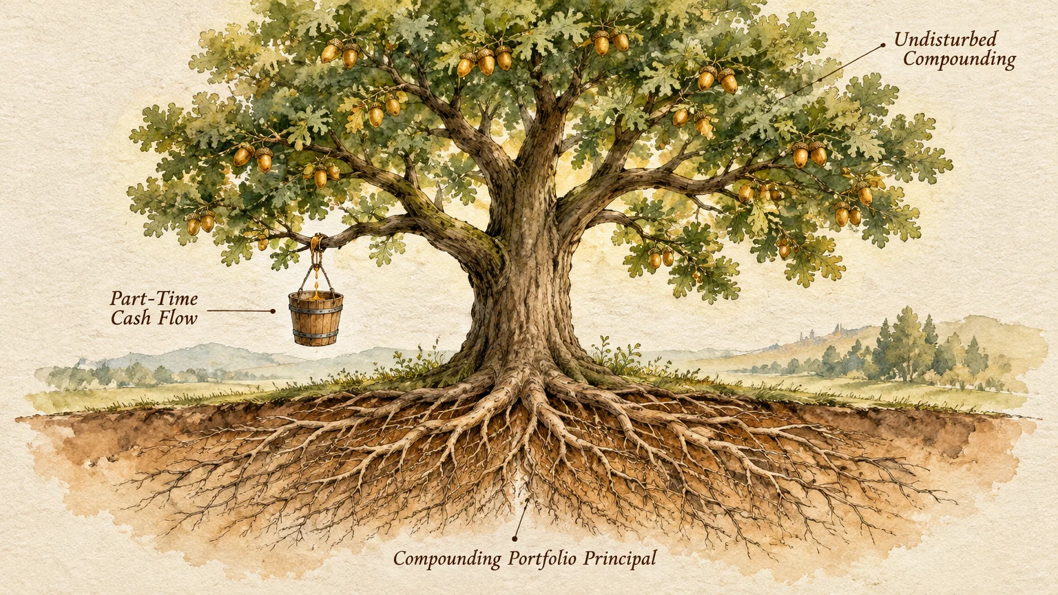 Watercolor oak tree diagram with labeled roots, acorns, and a hanging bucket collecting syrup.