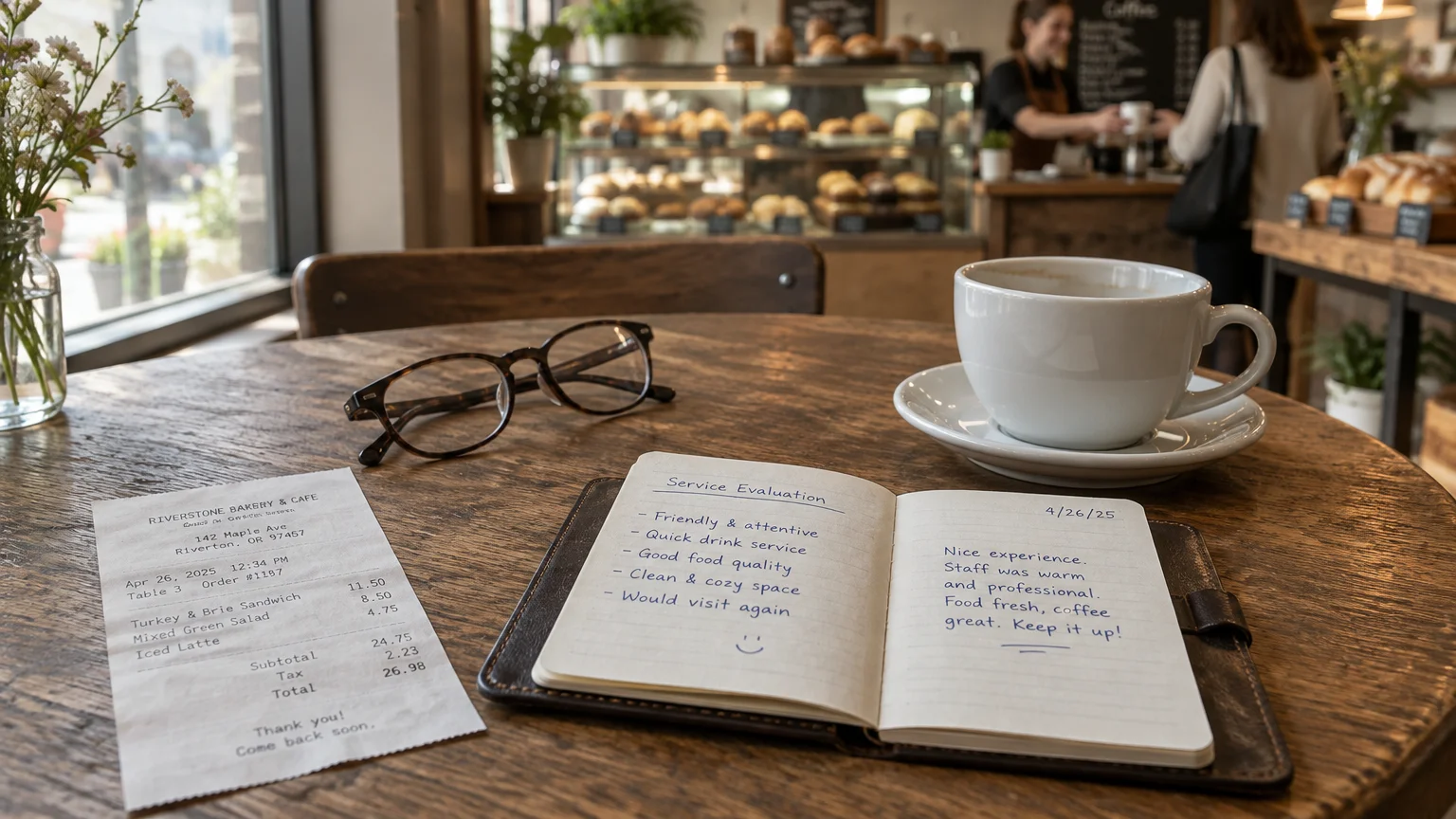 A café table with a receipt, eyeglasses, a coffee cup, and an open notebook containing handwritten evaluation notes.