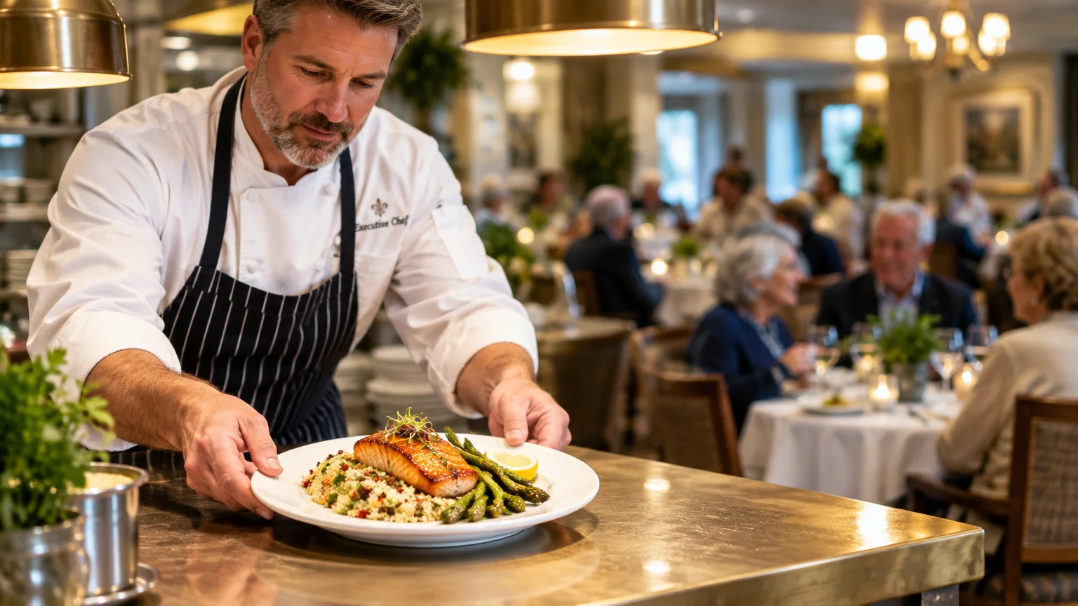 A chef plates a salmon dish on a counter in front of seniors dining at tables in an elegant restaurant.