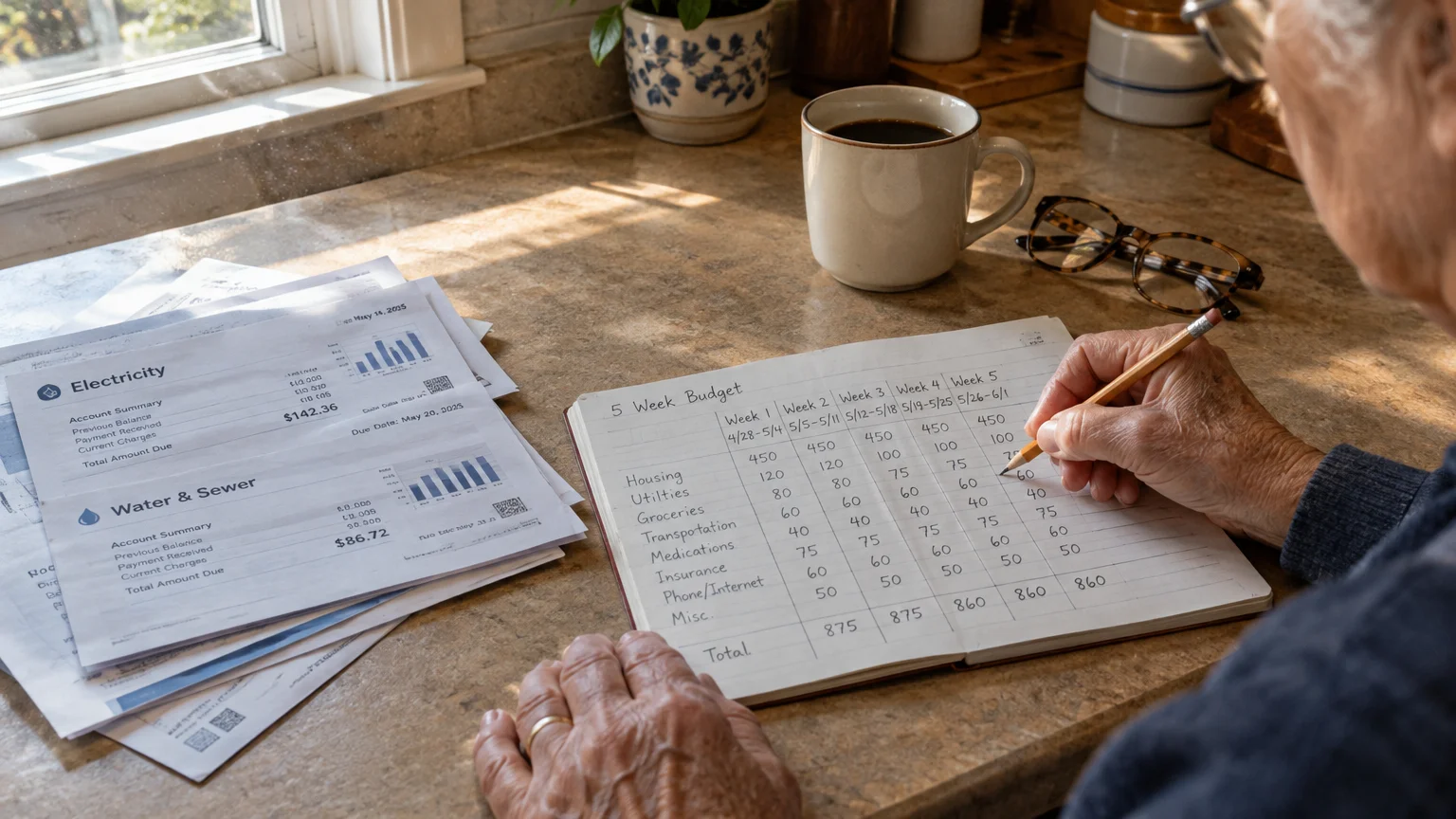 An older person writes in a budget notebook on a counter next to utility bills, eyeglasses, and a cup of coffee.