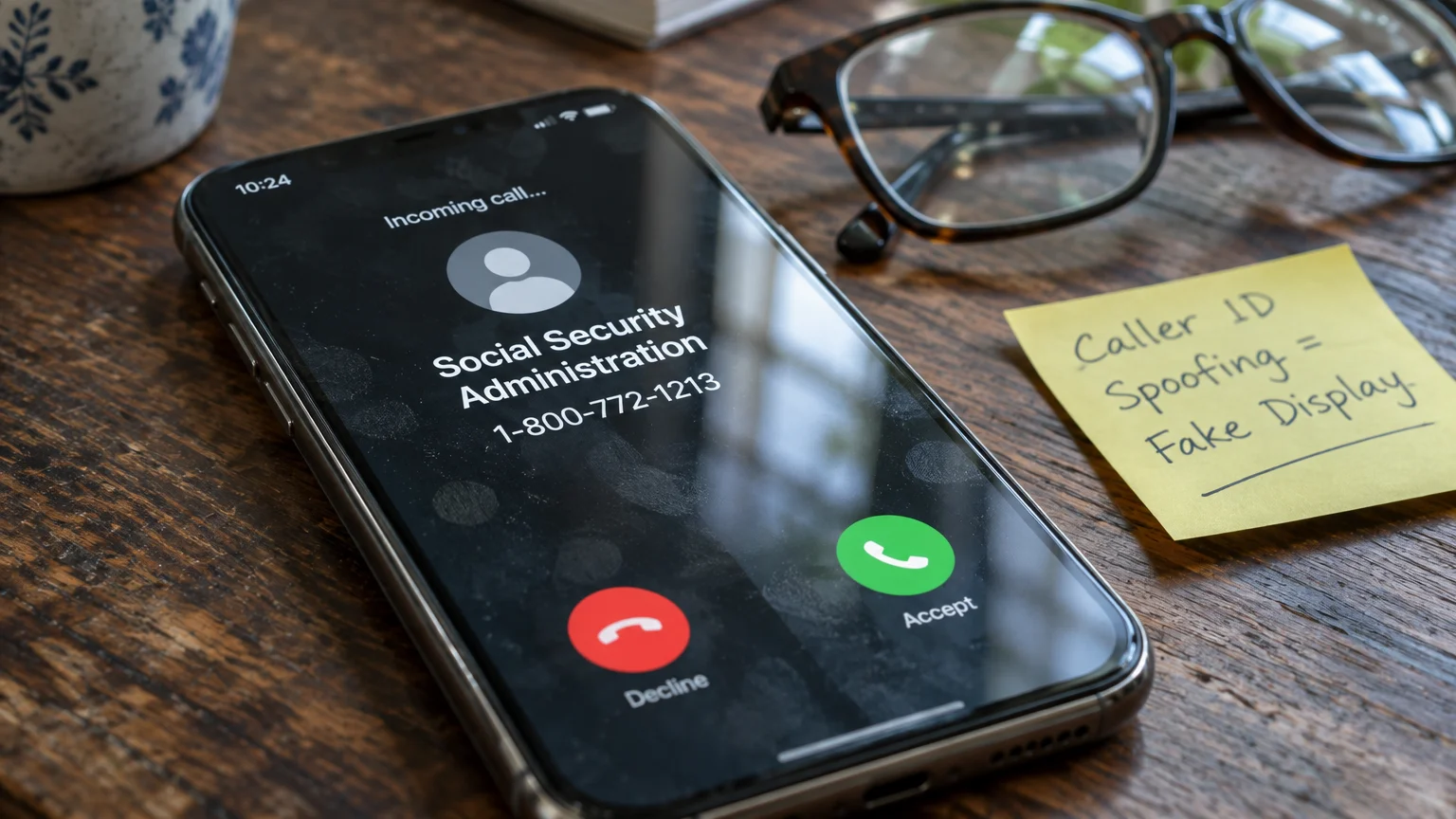 A smartphone on a wooden desk displaying an incoming call from Social Security Administration and 1-800-772-1213.
