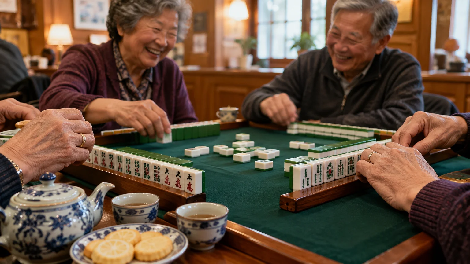 Four older adults play mahjong around a green tabletop with tea and cookies.