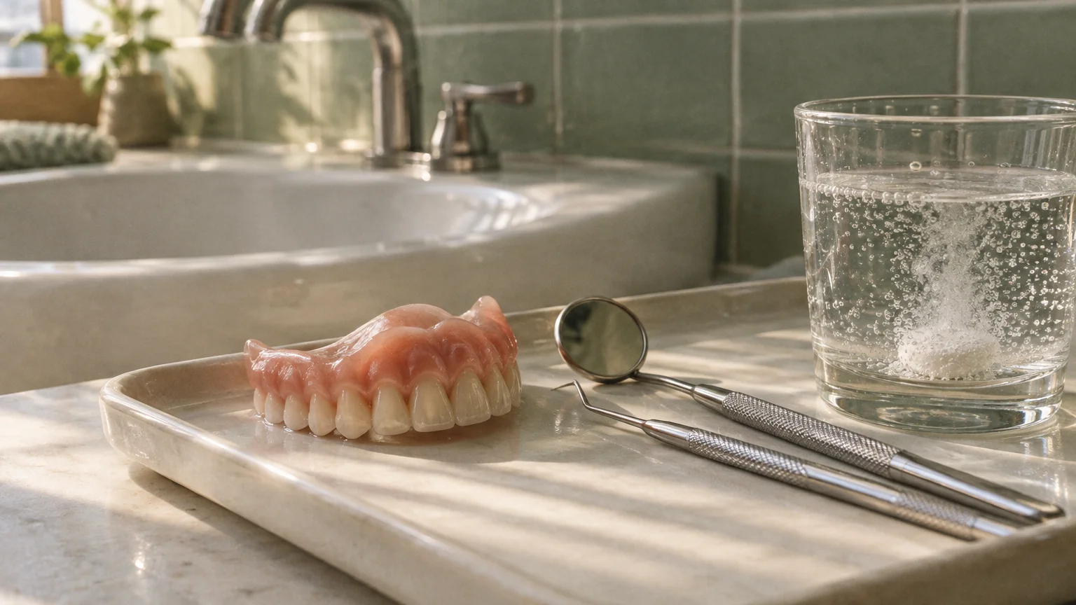 Dentures, a dental mirror, and a pick sit on a tray next to a bubbling effervescent tablet in a glass of water.
