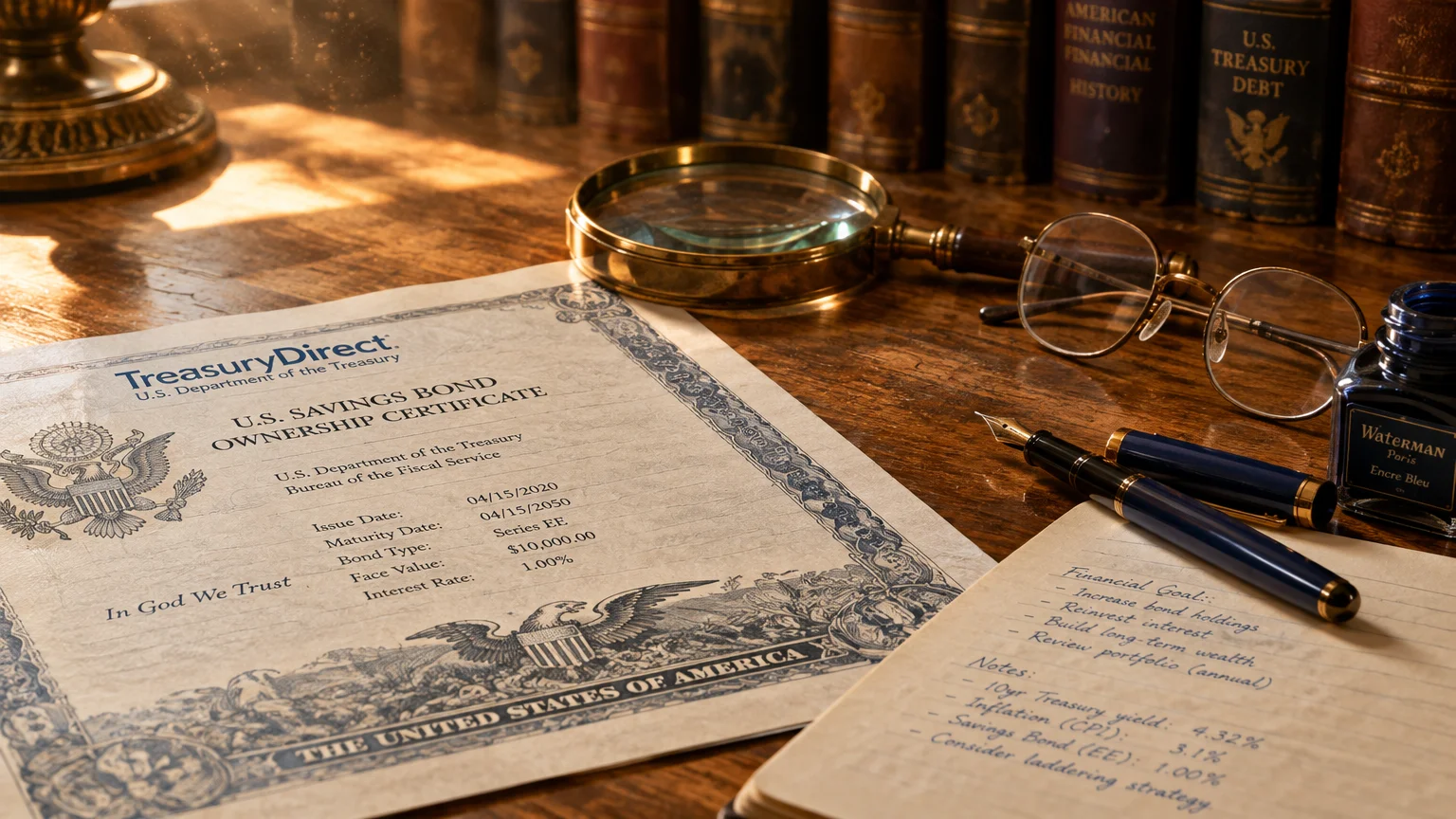U.S. savings bond certificate on a wooden desk beside eyeglasses, a magnifying glass, fountain pen, and notepad.