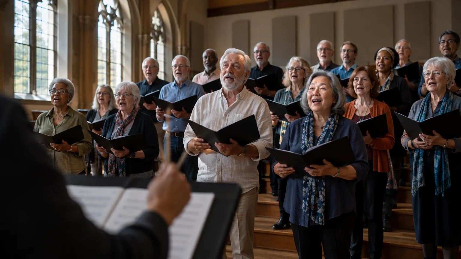 A diverse choir of older adults holding sheet music folders sings together while watching a conductor.