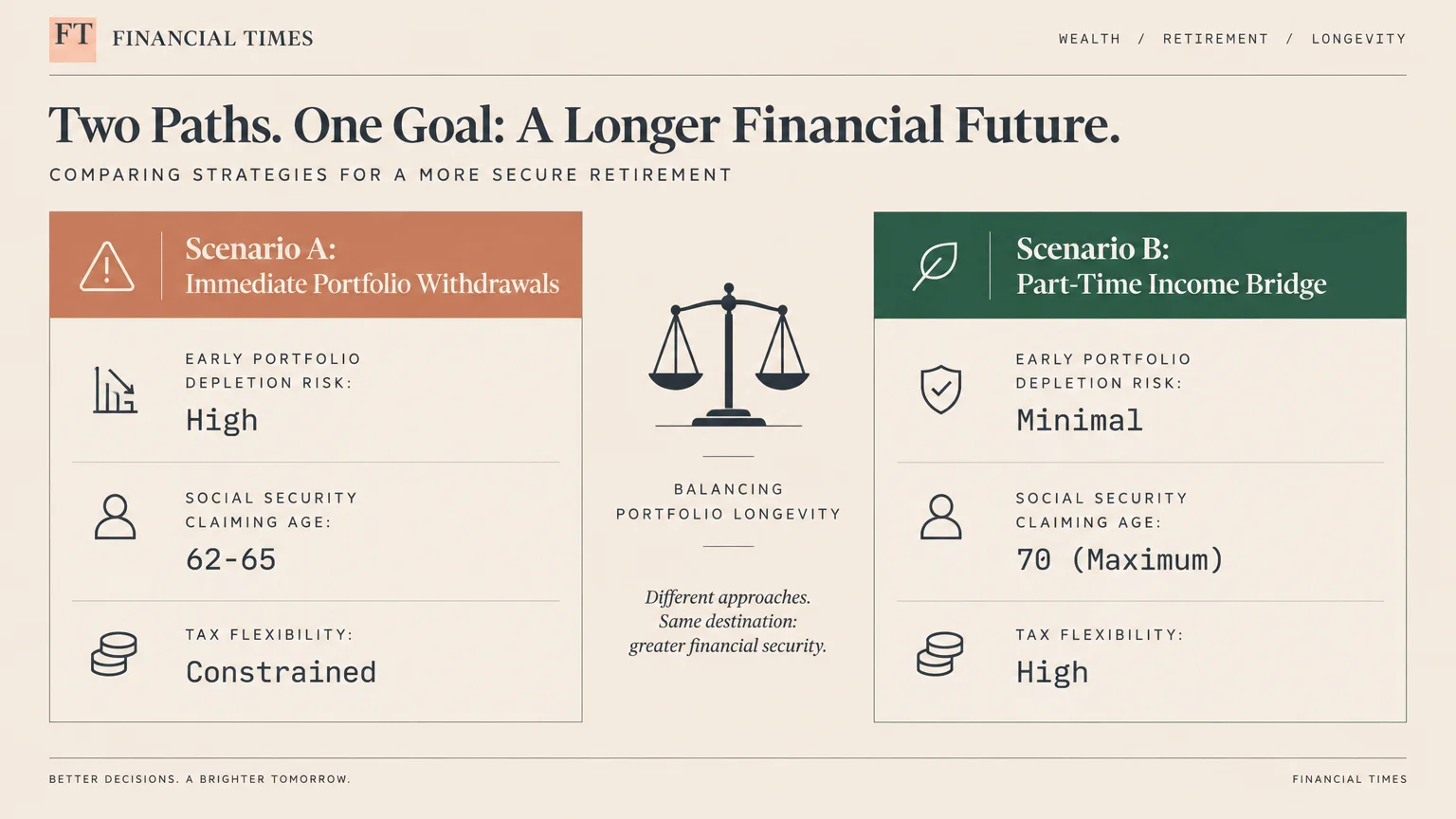 Infographic comparing Scenario A immediate withdrawals with Scenario B part-time income bridge across risk and claiming age.
