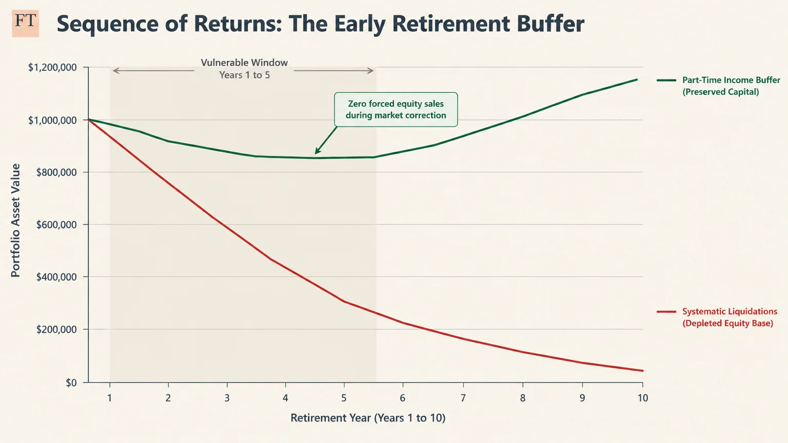 Line chart comparing portfolio asset values over ten years between a part-time income buffer and systematic liquidations.