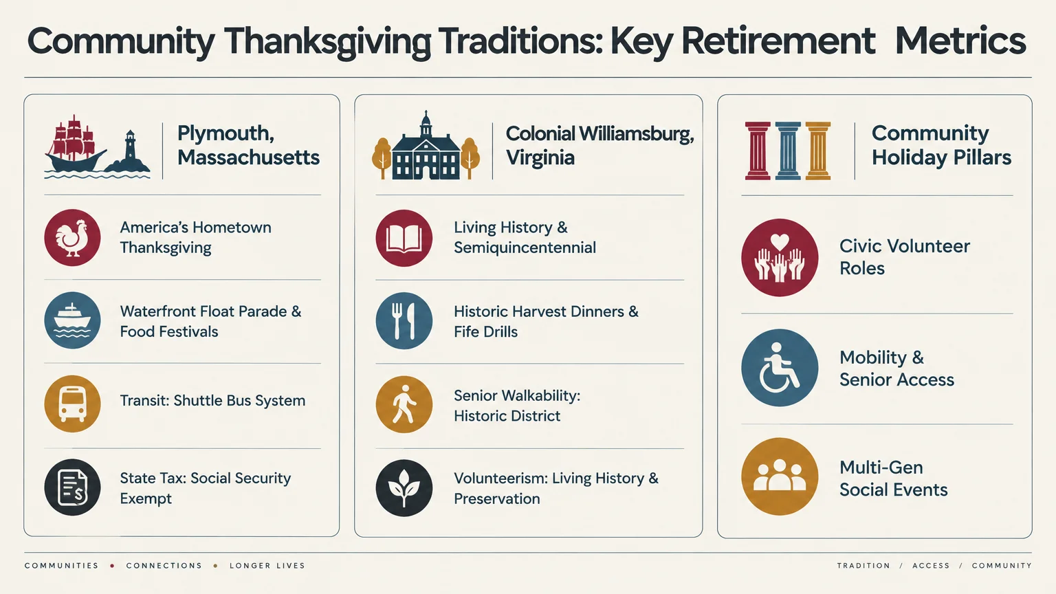 Infographic detailing community Thanksgiving metrics for Plymouth, Massachusetts, Colonial Williamsburg, Virginia, and holiday pillars.