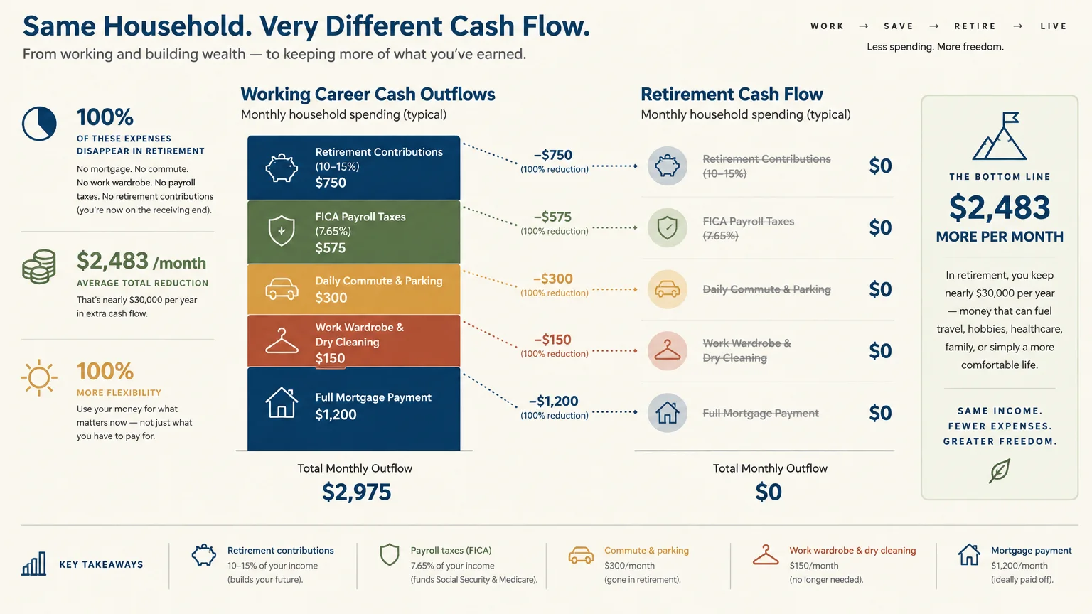 Diagram comparing monthly cash outflows during working years against zeroed-out expenses in retirement.