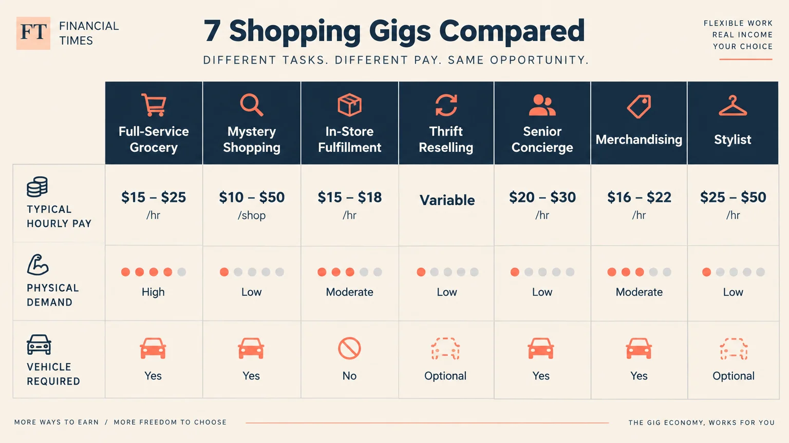Comparison chart showing pay, physical demand ratings, and vehicle requirements across seven different shopping gigs.