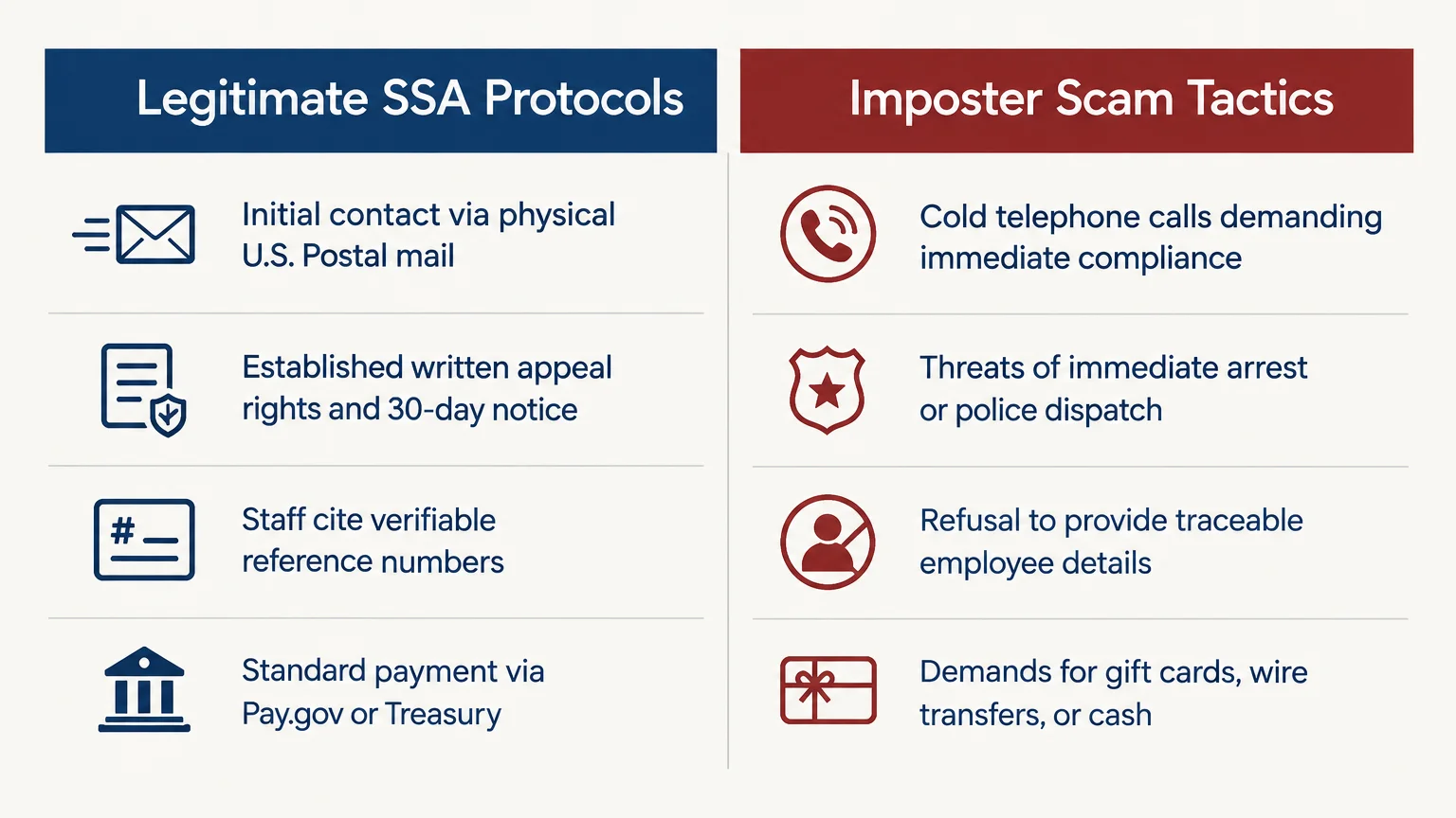 Side-by-side chart comparing legitimate SSA protocols in blue against imposter scam tactics in red across four features.