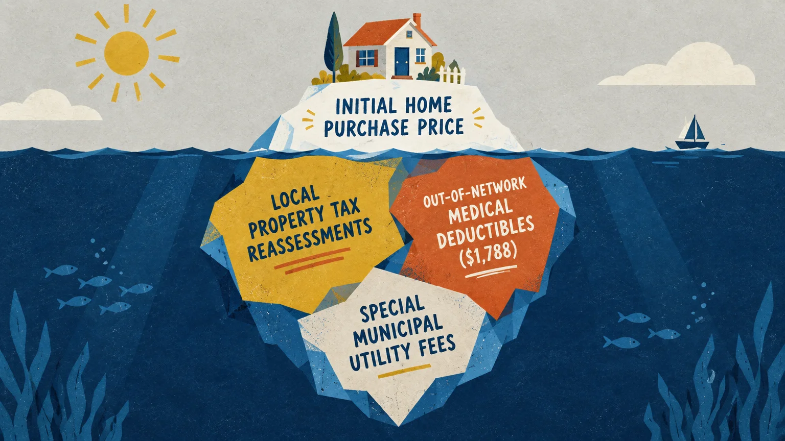 Illustration of an iceberg with a house on top and hidden costs submerged underwater beneath the sea.