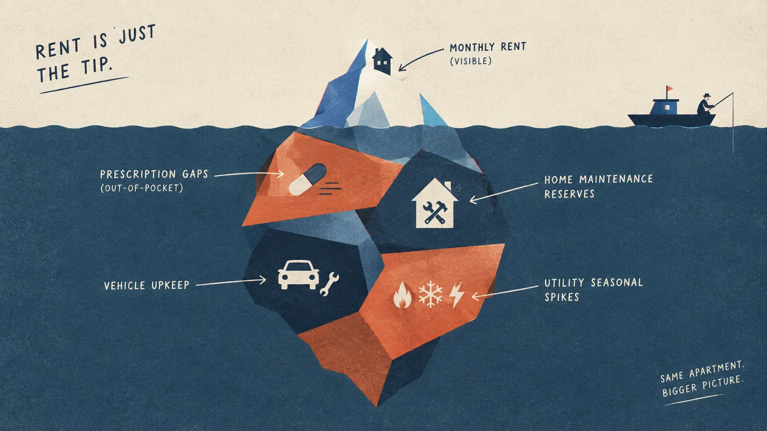 Illustration of an iceberg with rent at the tip and submerged expenses like utilities, vehicle upkeep, and maintenance.