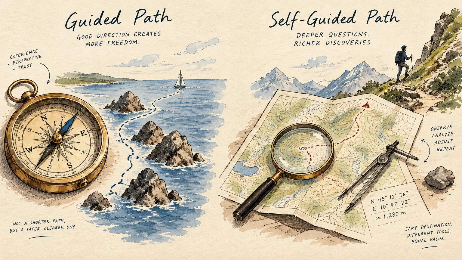Illustration comparing a guided nautical route with a compass to a self-guided mountain trail with a map.