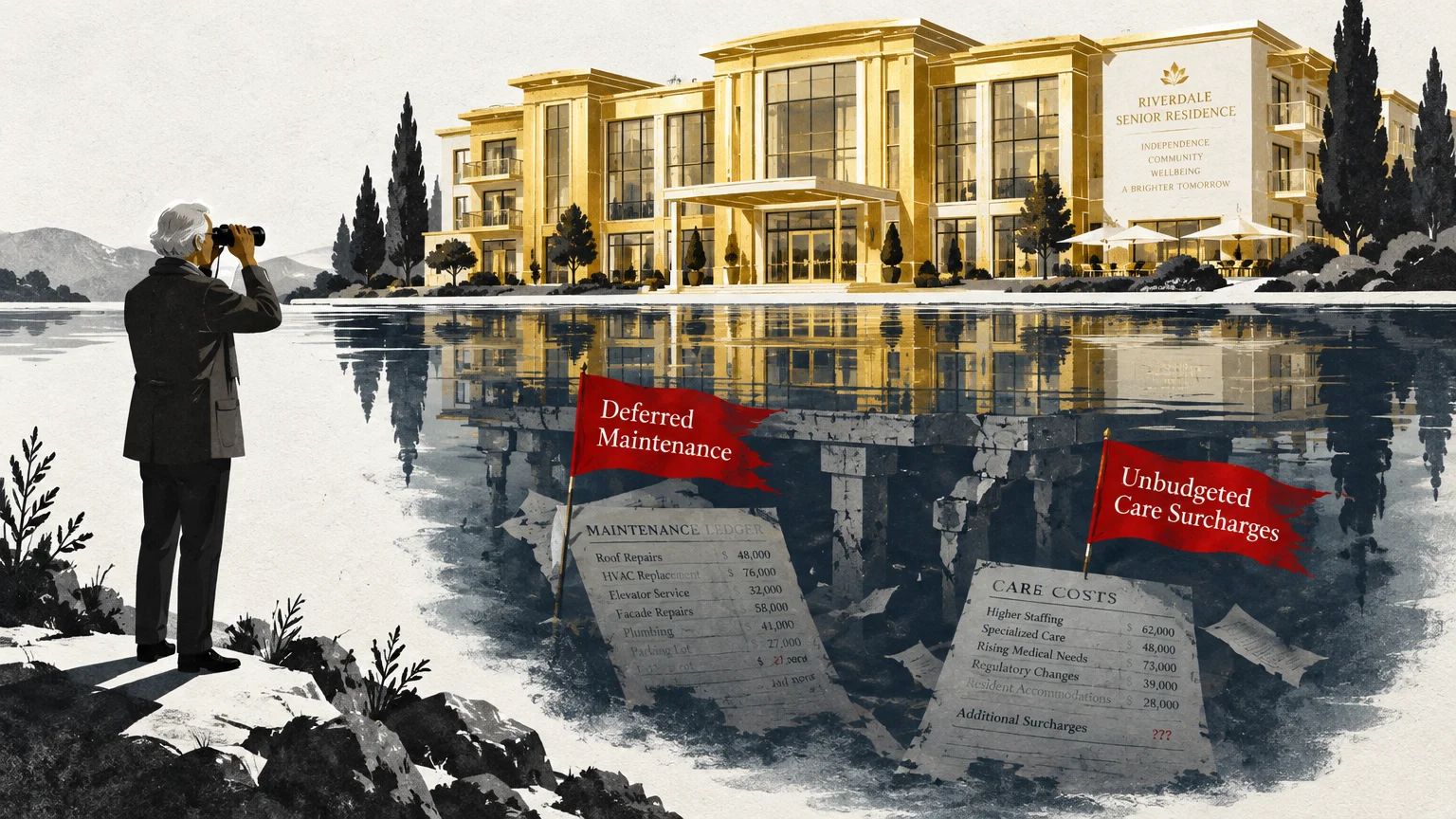 Illustration of a man looking through binoculars at a luxury retirement building reflecting hidden ledgers underwater.