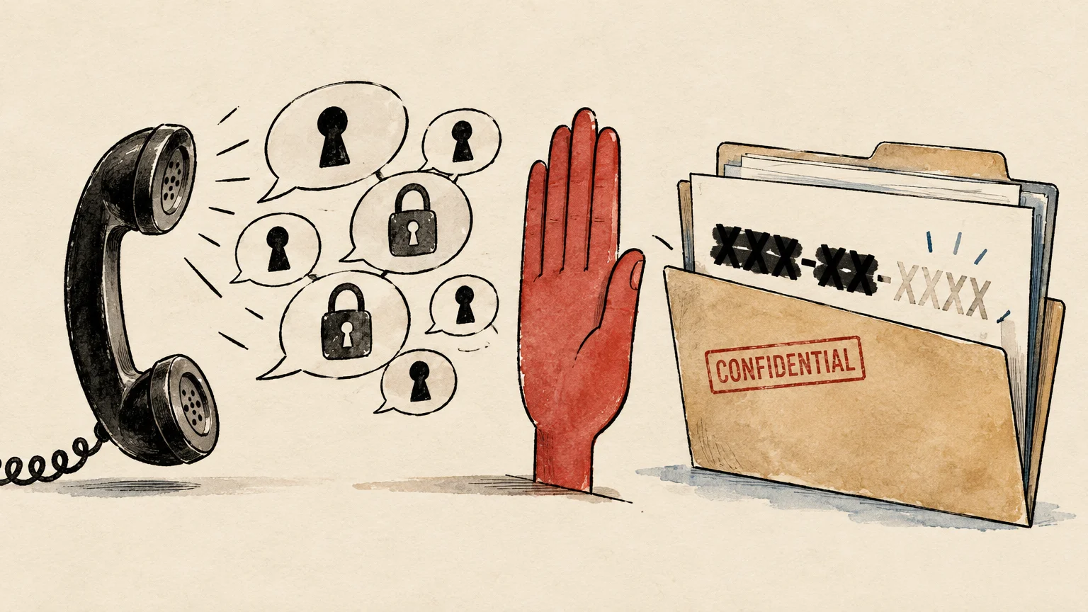 Illustration of a phone handset, speech bubbles with locks, a red hand making a stop gesture, and a confidential file folder.