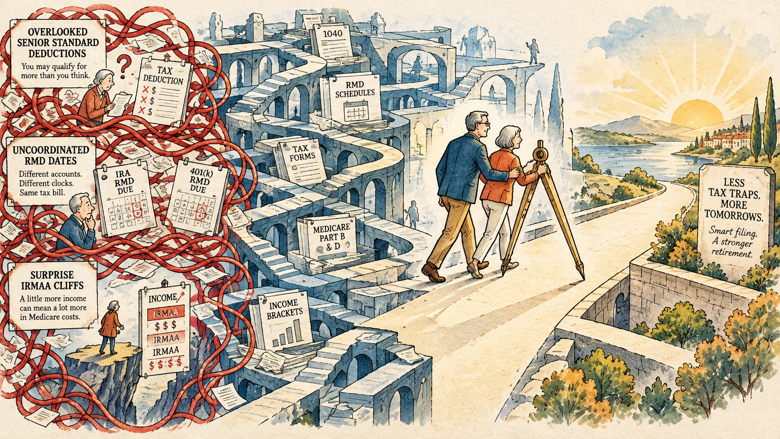 An older couple uses a large compass to walk a path past stone staircases and tax signs toward a coastal sunrise.