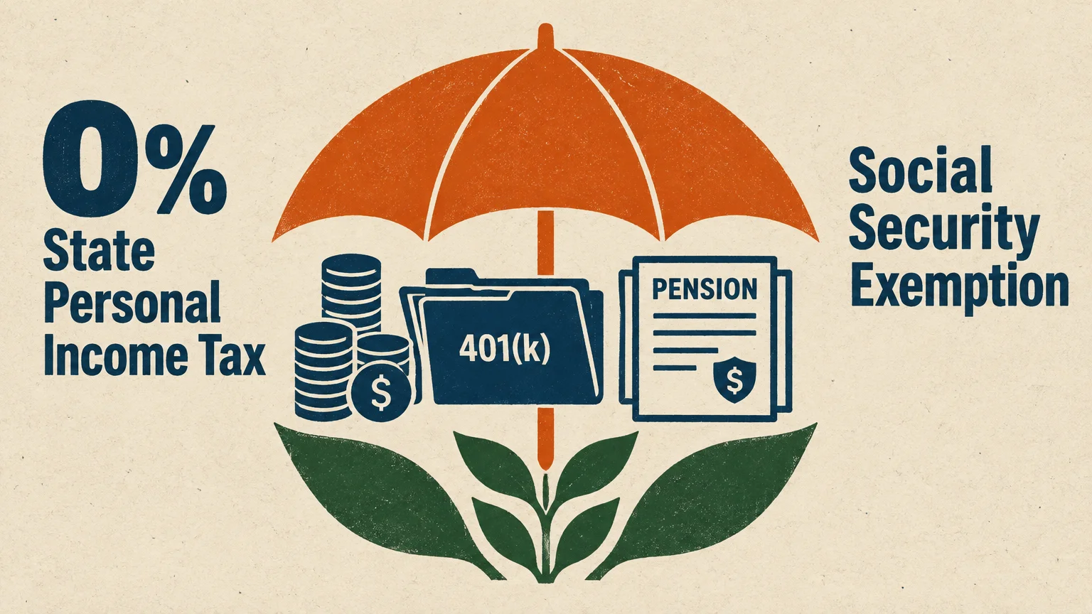 Illustration of an orange umbrella sheltering coins, a 401(k) folder, and pension document above green leaves.