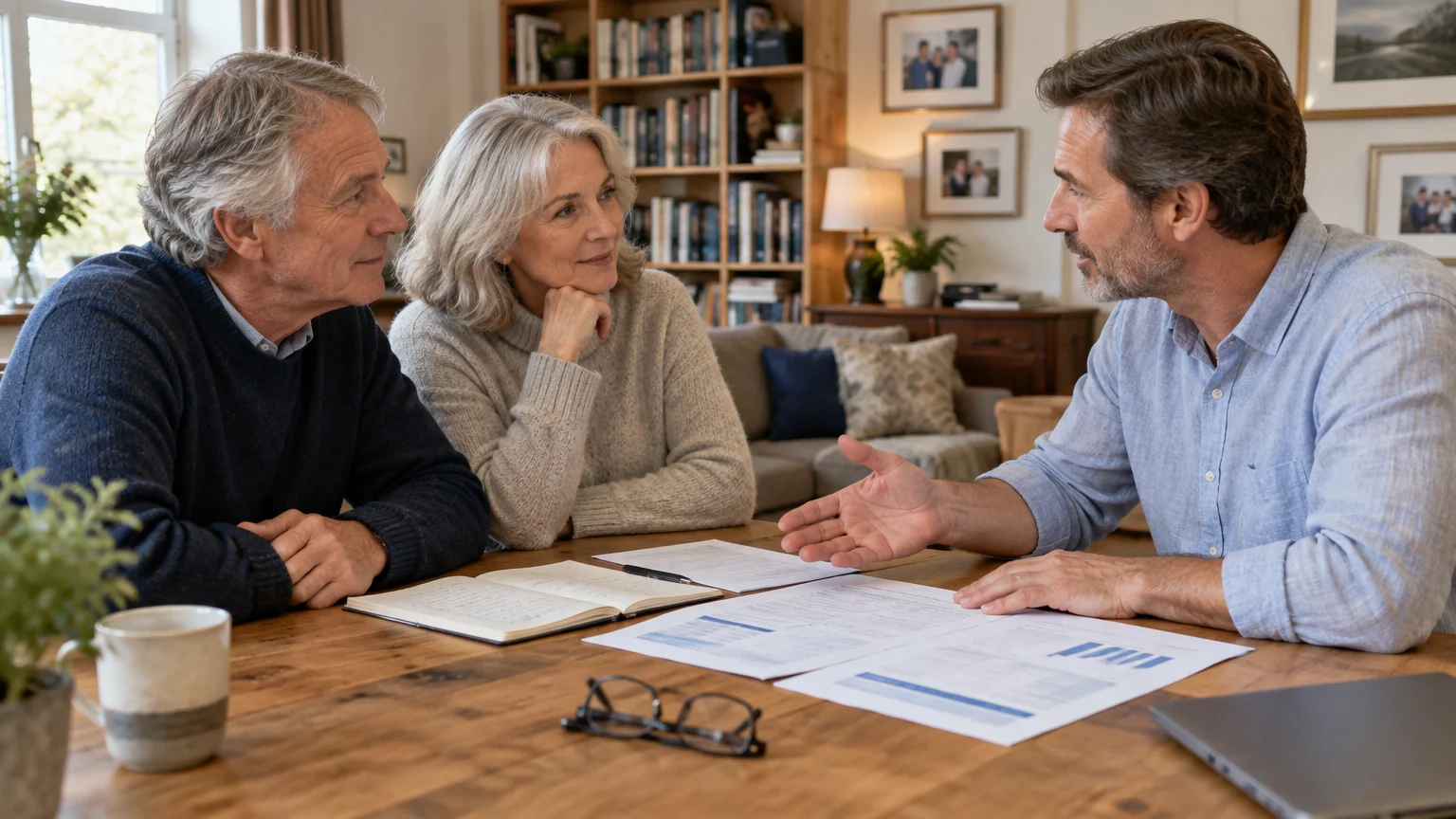 An advisor speaks with an older couple seated at a wooden table with financial documents and a notebook.