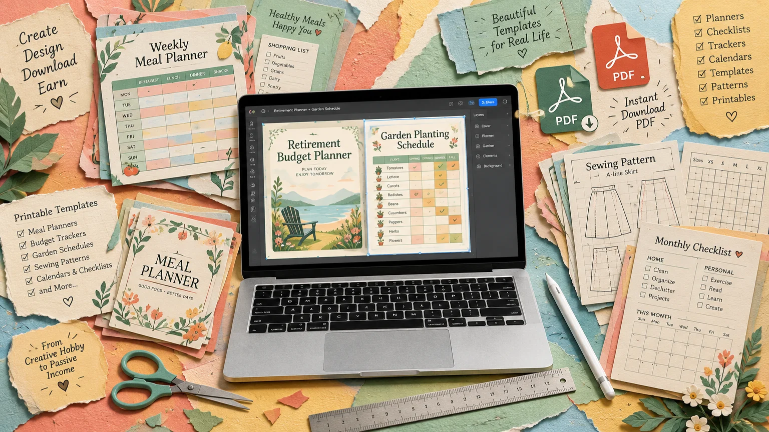 Laptop displaying planner design templates surrounded by printed stationery sheets, checklists, scissors, and a ruler.