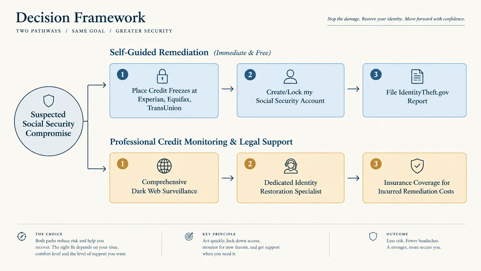 Decision framework flowchart comparing three steps of self-guided remediation against professional credit monitoring support.
