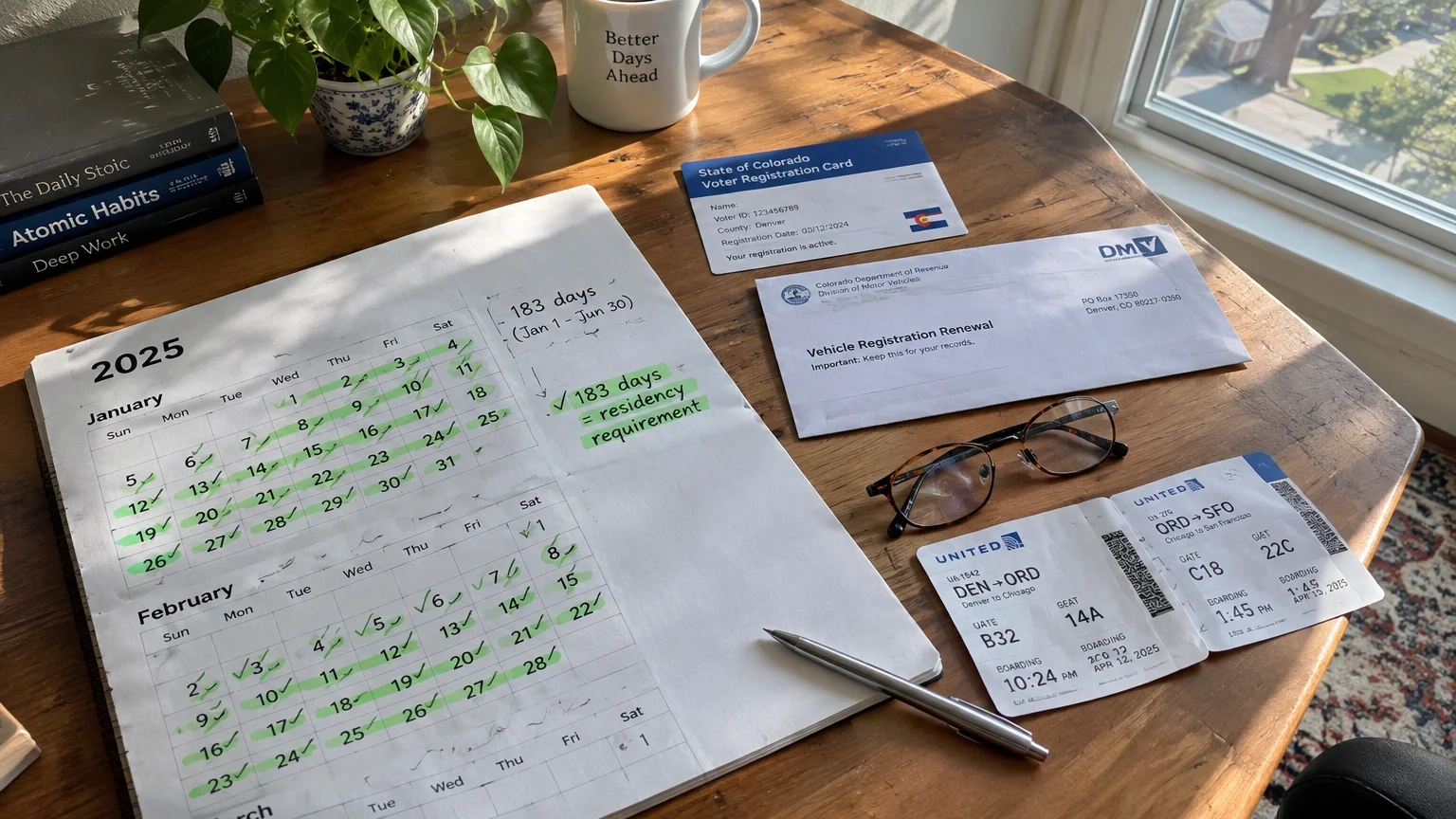 Calendar tracking days, Colorado voter card, vehicle registration mail, eyeglasses, and boarding passes on a desk.