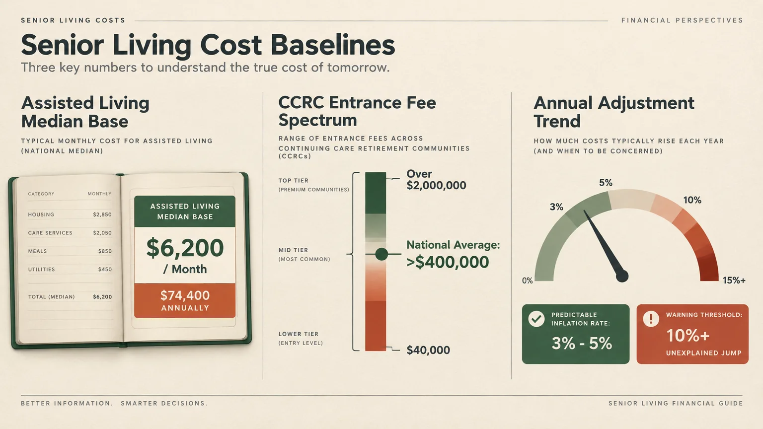 Senior living cost baselines diagram showing assisted living fees, CCRC entrance fee ranges, and annual adjustment rates.